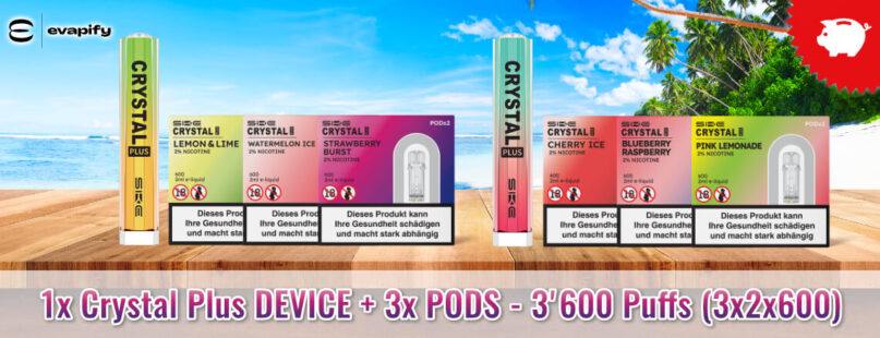 1x Crystal Plus DEVICE + 3x PODS - 3'600 Puffs (3x2x600)